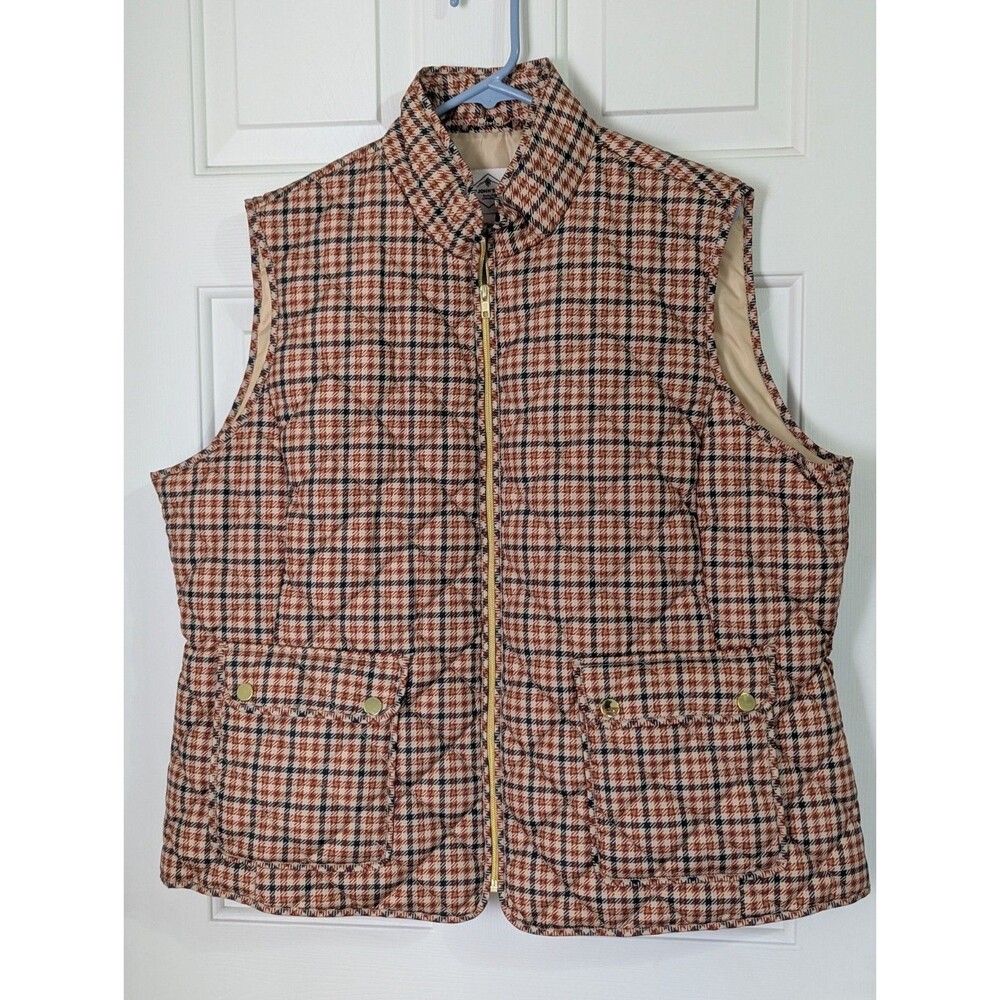 St Johns Bay Quilted Puffer Vest Womens XXL Brown Plaid Pockets Preppy Gorpcore